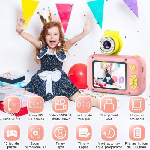 Children's Camera - LECOO - Model - 180 Lens - 2.4" Screen - Pink 1
