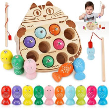 Mini Magnetic Fishing Game - Wooden Toy for Children - 10 Fish - 2 Rods - Ages 2 to 5