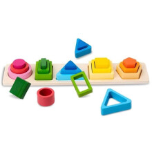 Wooden toys for 1-3 year olds with stackable geometric shapes and sensory games for the development of fine motor skills.