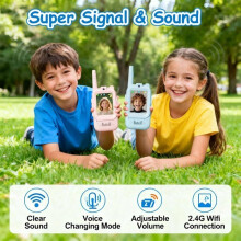 Walkie Talkie per bambini con video HD e fotocamera, ricaricabile tramite USB (650 mAh), 4 modalità vocali, portata 3-400 m.