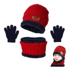 3-in-1 Winter Hat, Scarf, and Gloves Set for Children - Warm, Thick Knit Cap with Fleece Lining for Ages 2-8 (Red)