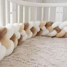 2M Baby Cot Bumper, Snake Velvet Cushion, Braided Baby Bed Bumper, Knotted, White + White + Khaki + Brown