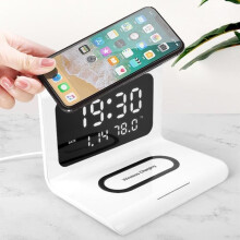 Kabelloses Ladegerät mit LED-Wecker und Temperaturanzeige, 10 W – für iPhone 11, X, 8, Galaxy S10, S9 – Weiß
