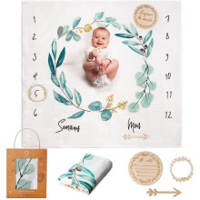 Baby Milestone Blanket, Cotton Swaddle Blanket, Baby Boy or Girl Month Playmat, Leaf Theme, Baby Shower Gift for Mothers