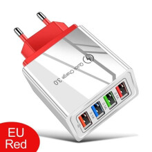 Chargeur de téléphone, chargeur USB 3A, charge rapide QC 3.0 à 4 ports pour téléphones mobiles Samsung, Xiaomi et Mi - Rouge UE [D225]