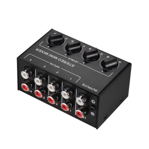 Mini stereo audio mixer with 4-channel RCA inputs, separate volume controls, full metal casing - 92 1