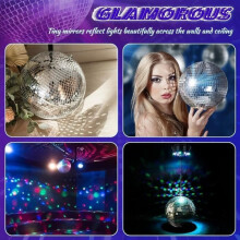 Disco Ball with Motor and Light, 20cm Faceted Ball with 4 Lights and 18 LEDs for Parties, Disco Clubs, DJs, Black and Silver PZCC