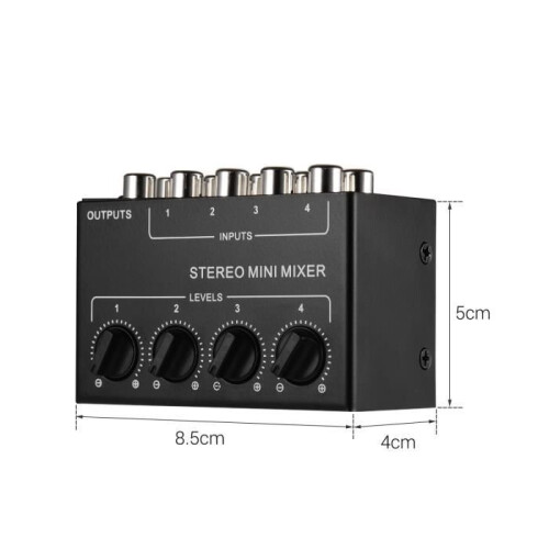 Mini stereo audio mixer with 4-channel RCA inputs, separate volume controls, full metal casing - 92 2