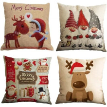 Taies d'oreiller, lot de 4 en coton et lin, imprimé Noël renne, Père Noël, bonhomme de neige et nain, housse de coussin carrée 45
