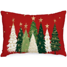 Housse de coussin de Noël 30 x 50 cm, aquarelle, sapin de Noël, étoiles, décoration, fêtes, ferme, hiver (Rouge)