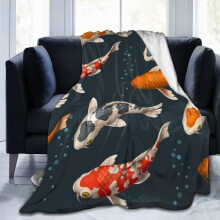 Plaid doux et moelleux pour canapé-lit, 125 x 150 cm, motif carpe koï chinoise rouge colorée, poisson asiatique