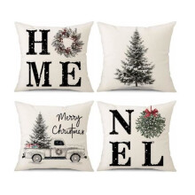 Taies d'oreiller - Noël - Beige - 45 x 45 cm - Lin - Lot de 4