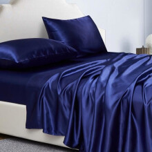 4-delige satijnen beddenset, effen kleur, hoeslaken 135x190x36 cm met diepe hoeken, plat laken en 2 kussenslopen, marineblauw