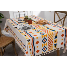 Nappe rectangulaire 140x220cm imperméable bohème beige et jaune, résistante aux taches, lavable en coton et lin avec franges