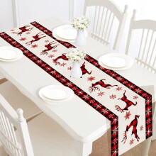 Table runner - Christmas decoration - Jute - 31 x 185 cm - Reindeer and snowflake - Red