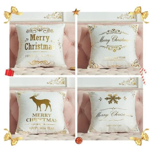 Housse de coussin - Noël - Blanc et or - 45 x 45 cm - Polyester - Décoration intérieure
