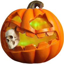 Decorazione di Halloween - Zucca scheletro in resina - LED che cambia colore - Dipinta a mano - Senza fili