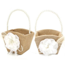 Lot de 2 paniers rustiques en toile de jute pour demoiselle d'honneur, avec poignée en perle, pour une cérémonie de mariage champêtre