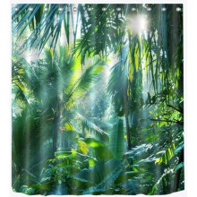 Rideau de douche à motif de plantes tropicales, imperméable et anti-moisissure, en polyester décoratif, avec feuilles vertes.