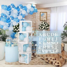 Kubusvormige ballonnenbox voor babyshower, verjaardagsbox - 4 transparante babyboxen met 26 letters (AZ), ballonnenbox met letters