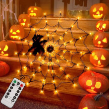 Ragnatela luminosa di Halloween, 8 modalità, telecomando, 70 LED neri, con luci effetto pelo