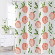 Rideau de douche rose pêche 180x180, motif feuilles vertes et fruits, rideau de douche imperméable et coloré à motifs de fruits et
