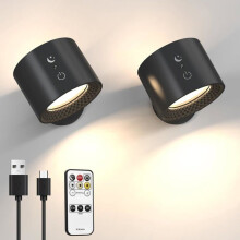 Appliques murales LED d'intérieur, lot de 2, lampes murales sans fil avec télécommande, lampes de chevet rotatives à 360 avec port