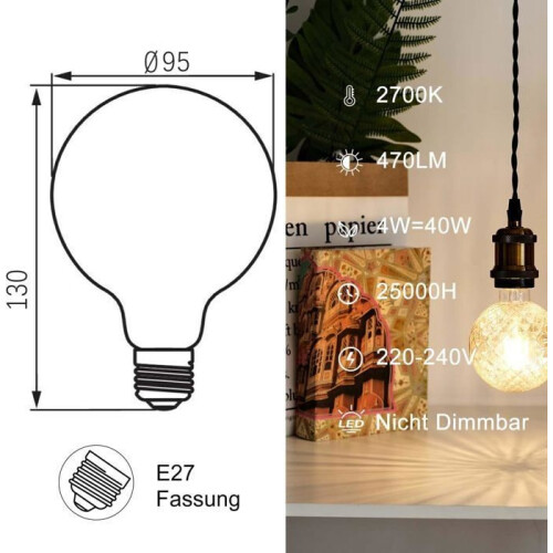 Ampoule LED - YYV - G95 - 4W - E27 - Blanc chaud - Ambre - Rétro 1