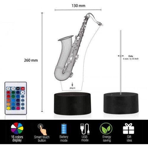 JUSTUP 3D Lamp Illusion Night Light Dimmable 16 Color Changing Smart Touch Magic Saxophone 2