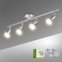 Plafonnier LED avec 4 spots orientables, 4 ampoules GU10 de 6 W, blanc chaud, finition nickel mat, non dimmable