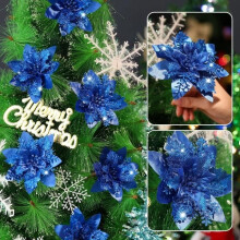 Fleurs artificielles - Noël - Poinsettias - Lot de 20 - Bleues - Scintillantes - Tiges et clips
