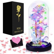 Rose éternelle en verre avec lumières LED - 3 roses platine et 2 papillons - Socle en bois noir - Pour anniversaires, Saint-Valentin,