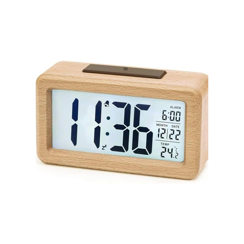 Aihontai Digital Alarm Clock, Battery Operated Wooden Alarm Clock With Large Lcd Screen, Date, Temperature, Automatic Light Sensor, Snooze