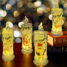 Flameless white Christmas candles with Santa Claus, snowman, decals, set of 4, LED pillar candles