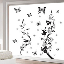 Black Wall Sticker with Flower Vine and Butterflies - Modern Scandinavian Style