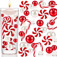 Garniture pour vase - Décoration de fête - Noël - Perles flottantes - Plastique - Rouge et blanc