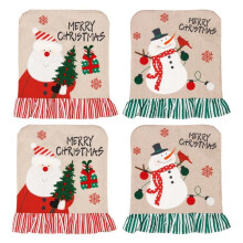 Ensemble de 4 housses de dossier de chaise de Noël, en lin brodé avec des motifs de Père Noël et de bonhomme de neige, décorations