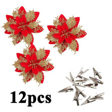 12 poinsettias artificiels à paillettes, décorations de Noël, (rouge)
