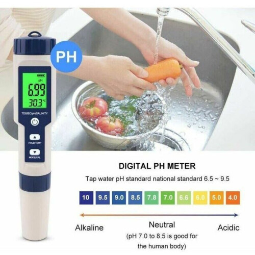 5-in-1 Electronic pH Meter Tester - Measures pH, TDS, EC, Salinity and Temperature - LCD Screen with Accurate Readings - Conv 1