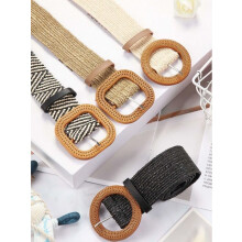 Set of 4 elastic woven straw belts for women, thin belt for dresses, wooden buckle