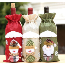 Kerstwijnfleshoes, linnen tas, champagne, eettafeldecoratie, 3 stuks