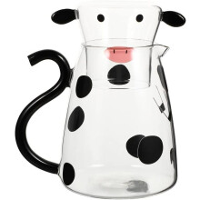 Glazen waterkan met cartoonprint, waterkan voor naast het bed, drankkan, kan voor warm en koud water met kopje voor sap, melk en koffie.