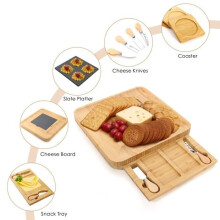 Plateau Ă fromage avec couteau et fourchette, tiroir coulissant, 1 ardoise et 4 sous-verres.