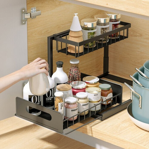 Under Sink Kitchen Storage, Metal Under Sink Organizer with Pull-Out Drawer, 2-Tier L-Shape, Black
