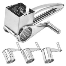 Rotary cheese grater - Hand-cranked kitchen grater - With handle and roller blade, 3 stainless steel blades (silver)