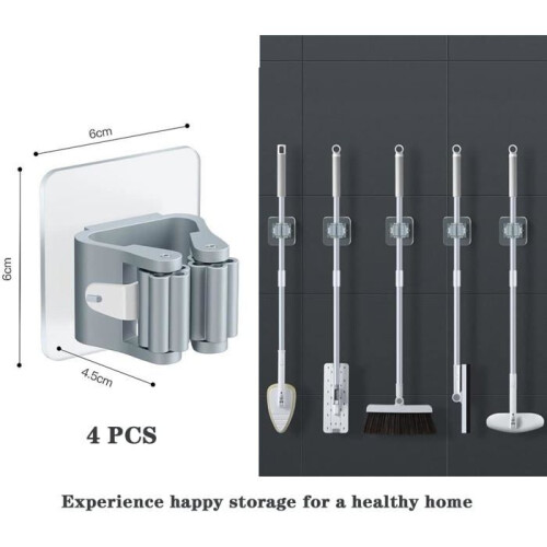 Wall-mounted broom holder - Set of 4 - Grey - No drilling required - Adjustable - Versatile 1
