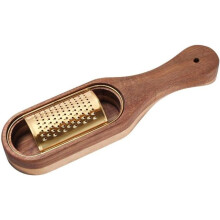 Steel cheese grater with removable acacia wood collector. Vegetable cheese grater with butter container.