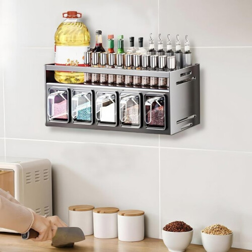 Kitchen spice rack, five-grid spice storage shelf, wall/countertop decoration without drilling 2