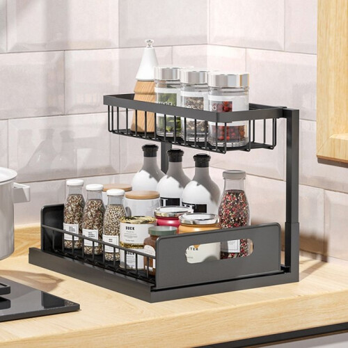 Under Sink Kitchen Storage, Metal Under Sink Organizer with Pull-Out Drawer, 2-Tier L-Shape, Black 2