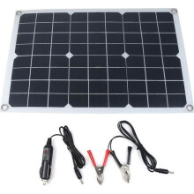 Pannello solare monocristallino da 20 W 12 V con porta USB da 5 V per ricarica esterna, 42 x 28 cm + caricabatterie da auto + morsetto